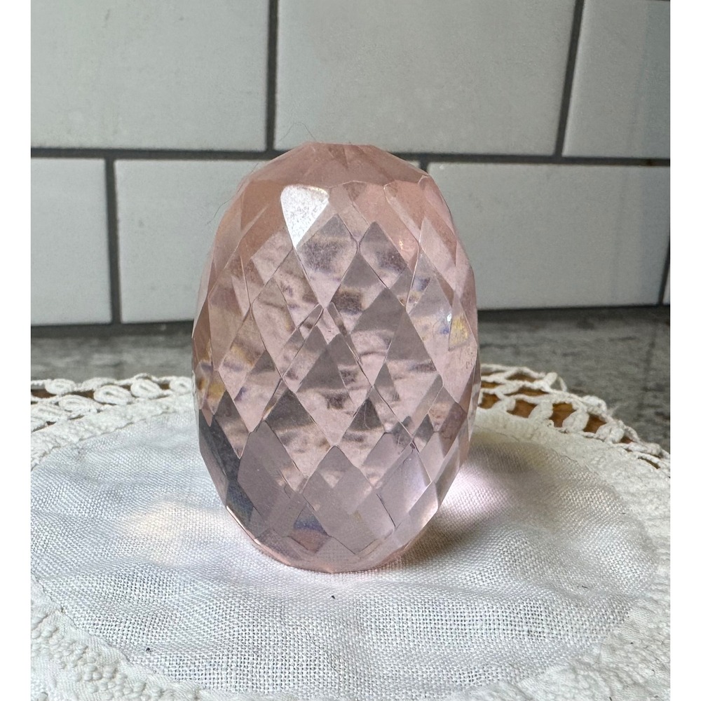Pink Faceted Crystal Glass Egg Paperweight Diamond Cut Decorative Ornament 2.75"